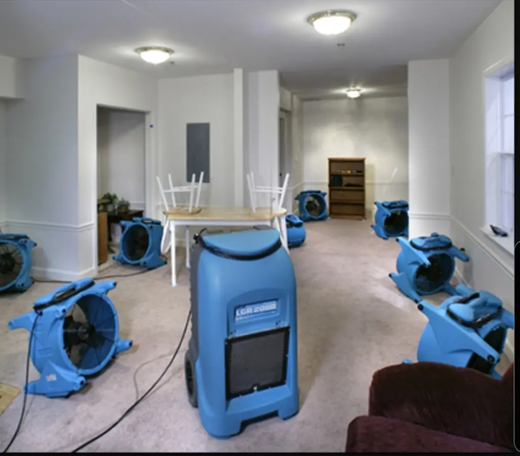 Air movers and dehumidifier setup for Water Damage Restoration in New Paltz